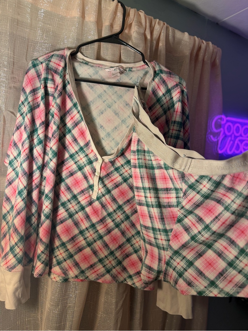 Victoria's Secret Pink, Green & White Plaid Pajama Set